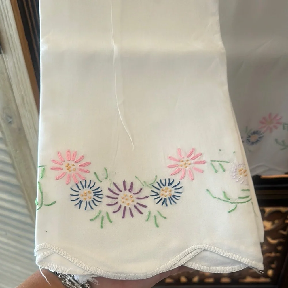 Vintage Pair of Floral Hand Embroidered Linen King Scalloped Edge Pillowcases.
